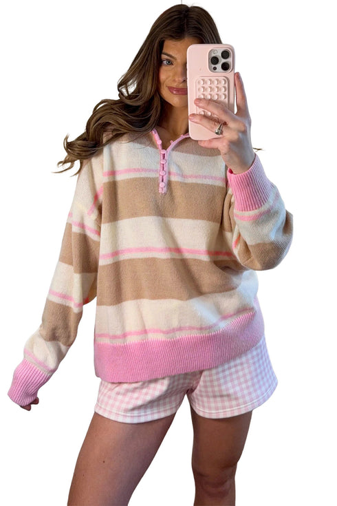 Striped Drop Shoulder Button Placket Long Sleeve Sweater