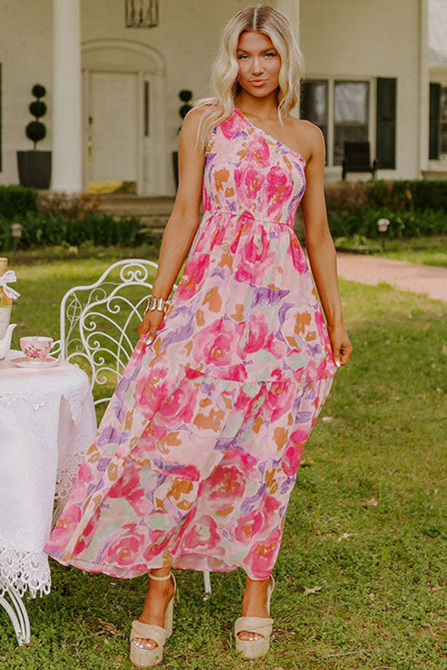 Abstract Floral Shirred One Shoulder Maxi Dress