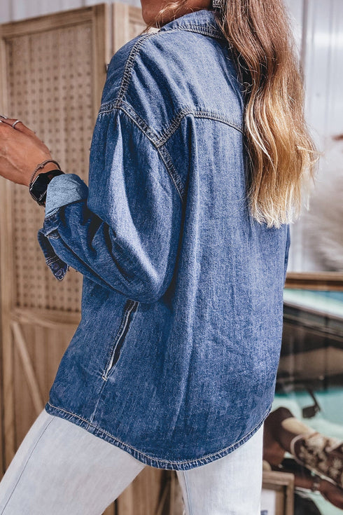 Western Patch Pockets Tunic Length Long Sleeve Denim Blouse