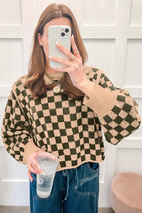 Checkered Drop Shoulder Long Sleeve Knit Sweater