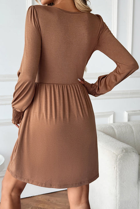 Shirred Cuff Long Sleeve Button Round Neck Mini Dress