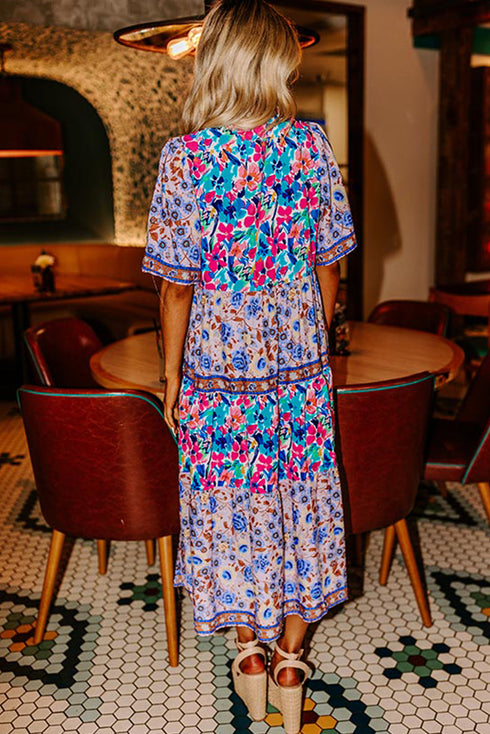 Mixed Floral Print Tie Split Neck Short Sleeve Dress