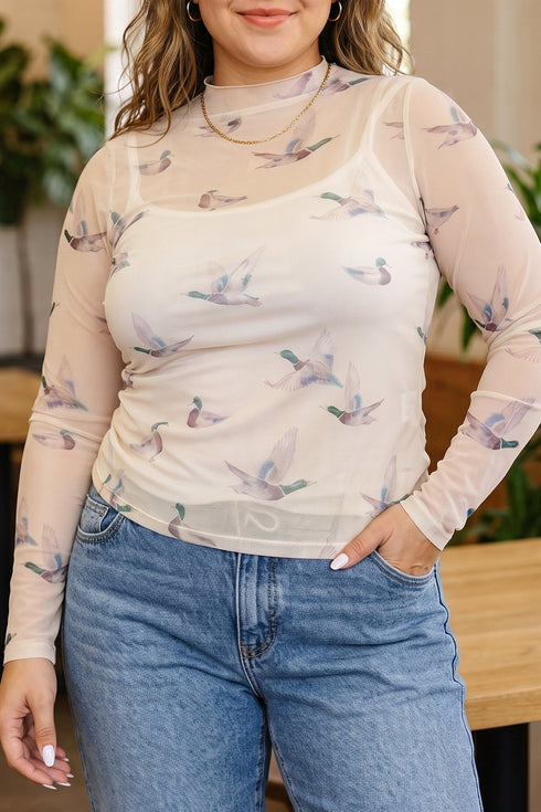 Mesh Duck Print Tunic Long Sleeve Blouse