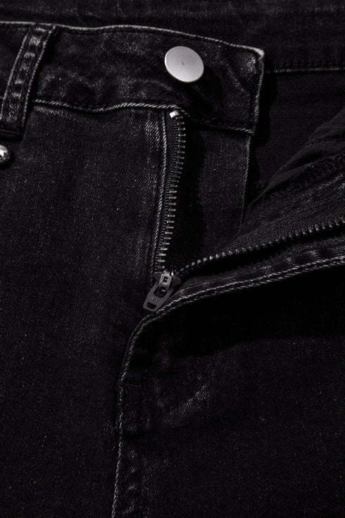 Cotton Denim Studded Straight Leg Loose Jeans