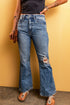 Distressed Solid Denim Flare Leg Silhouette Jeans