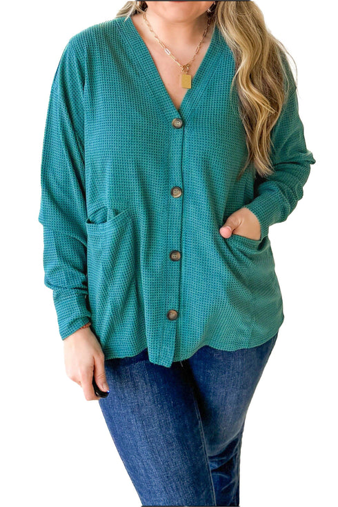 V Neck Waffle Textured Button Front Tunic Long Sleeve Jacket