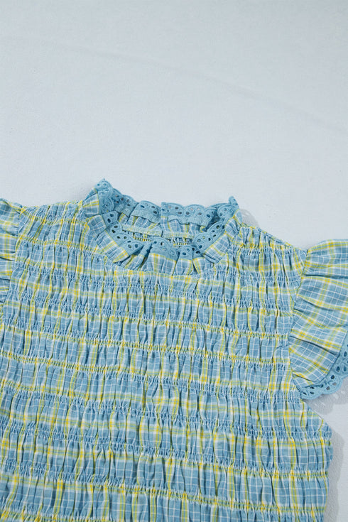 Gingham Plaid Smocked Lace Trim Ruffle Tank Top