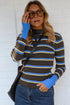 Striped Ribbed Knit Cuff Henley Button Sweater