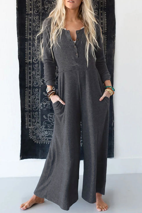 Solid Button Front Long Sleeve Wide Leg Jumpsuit