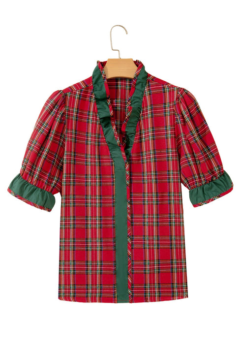Plaid V Neck Ruffle Trim Short Sleeve Blouse