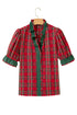 Plaid V Neck Ruffle Trim Short Sleeve Blouse