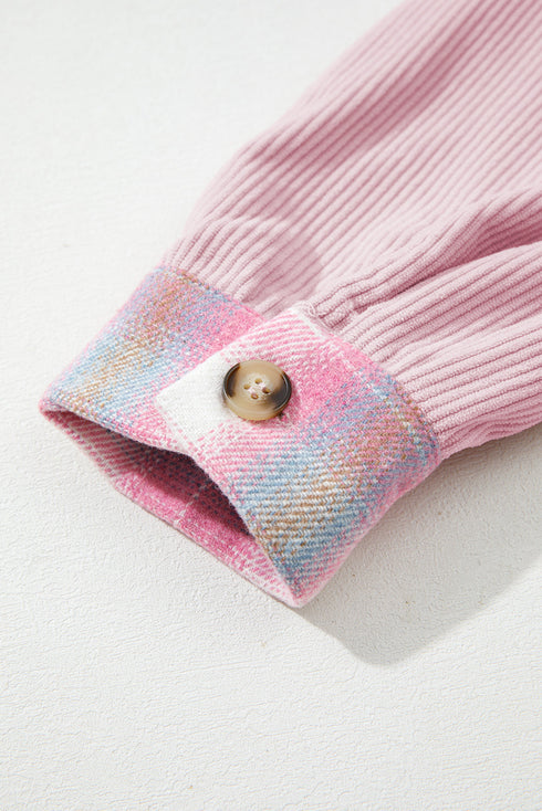 Brushed Plaid Corduroy Patchwork Flap Pocket Shacket