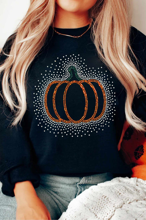 Polyester Cotton Rhinestone Pumpkin Graphic Pullover Sweatshirt