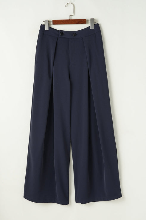 Casual Dual Buttoned High Waisted Pleated Wide Leg Pants