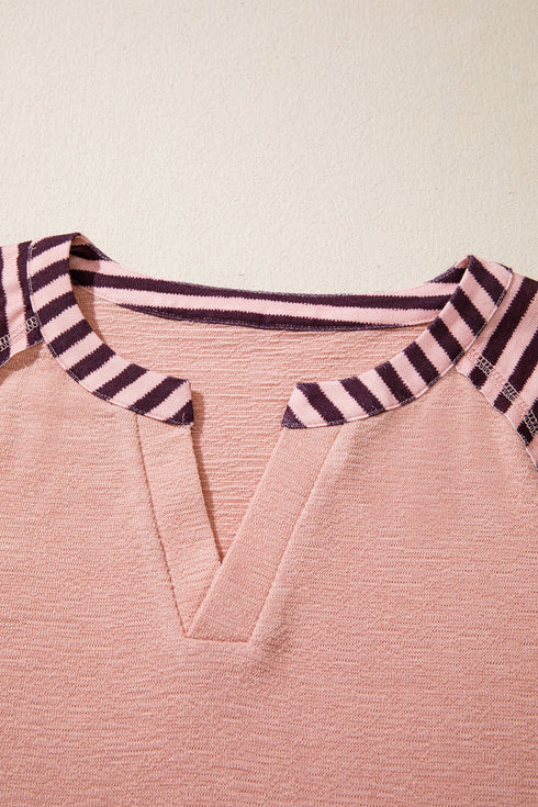 Striped Floral Patchwork V Neck Seam Long Sleeve Top
