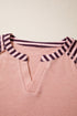 Striped Floral Patchwork V Neck Seam Long Sleeve Top