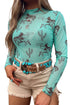 Western Print High Neck Sheer Mesh Sheath Long Sleeve Top
