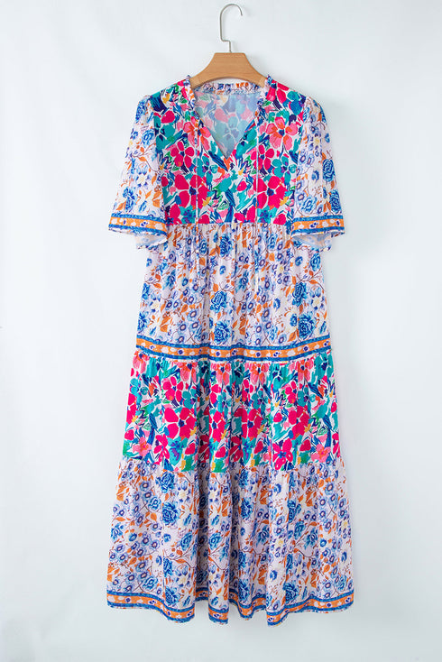 Mixed Floral Print Tie Split Neck Short Sleeve Dress