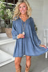 Western Puff Sleeve V Neck Ruffled Denim Mini Dress