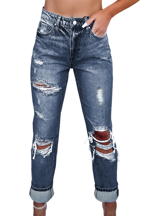 Distressed Frayed Slim Fit High Waist Denim Jeans