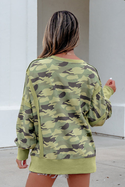 Camouflage Waffle Knit Raw Edge Trim Oversized Long Sleeve Top