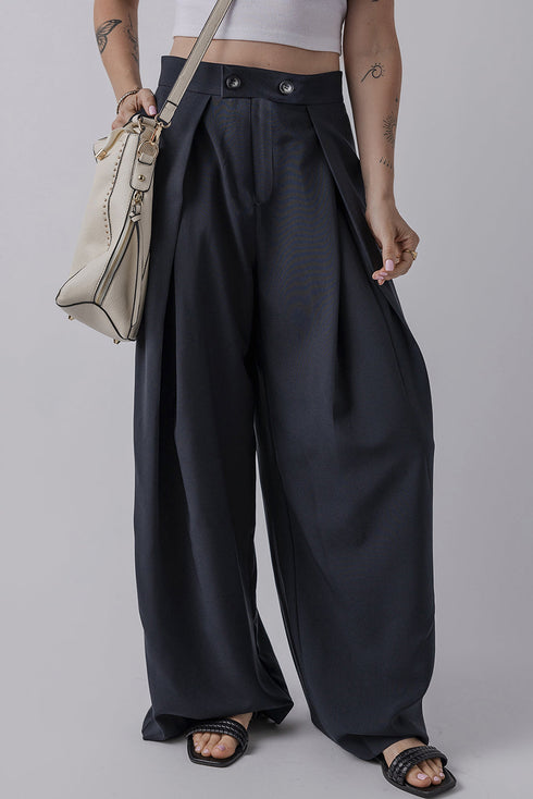 Casual Dual Buttoned High Waisted Pleated Wide Leg Pants