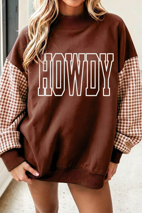 Howdy Embroidered Plaid Sleeve Mock Neck Sweatshirt