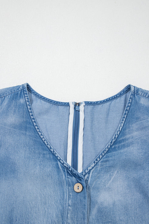 Ruffled Short Sleeve Button V Neck Wide Leg Denim Jumpsuit