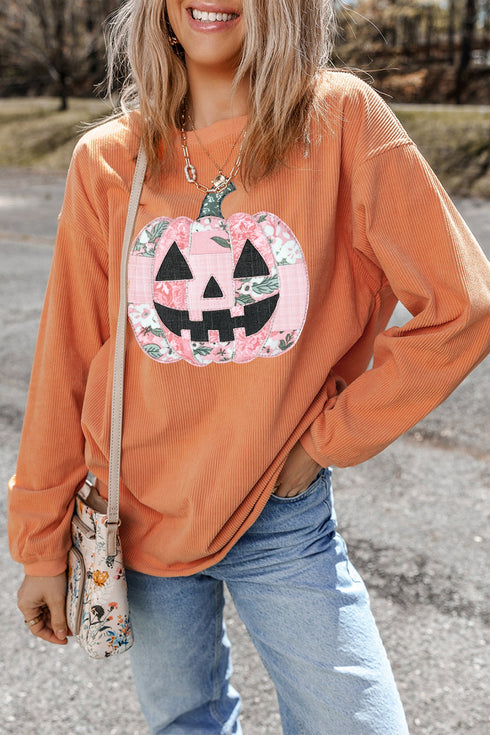 Patchwork Pumpkin Corded Ribbed Round Neck Tunic Sweatshirt