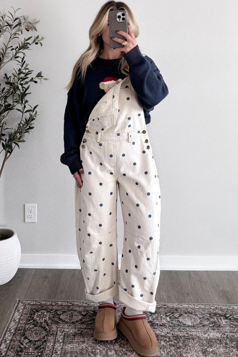 Polka Dot Print Bib Pocket Denim Barrel Overalls Jumpsuit
