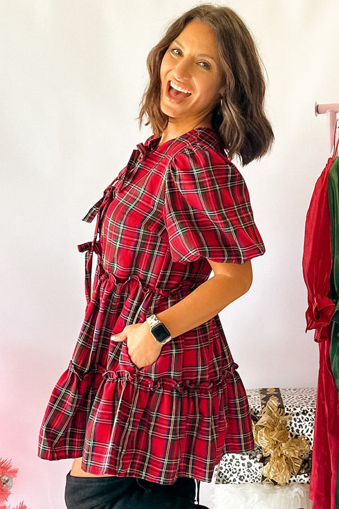 Plaid Knot Neck Short Sleeve Shift Midi Dress