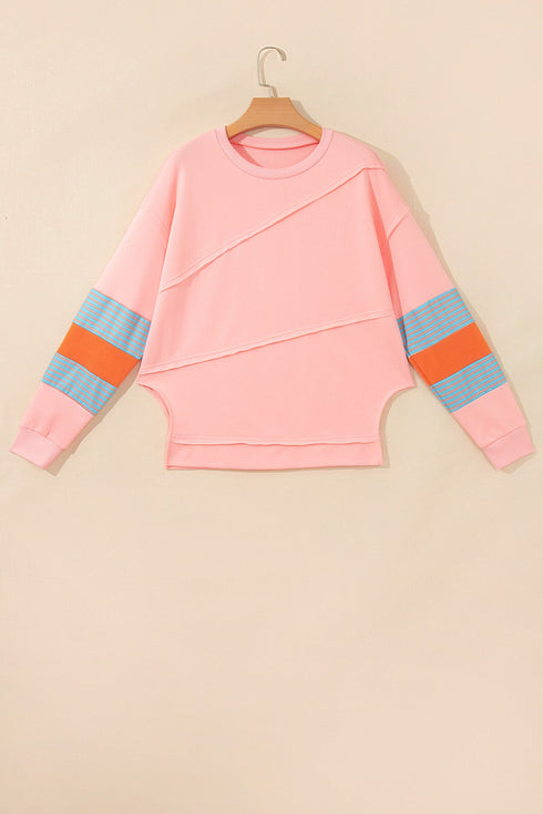 Striped Pattern Patchwork Raw Long Sleeve Top