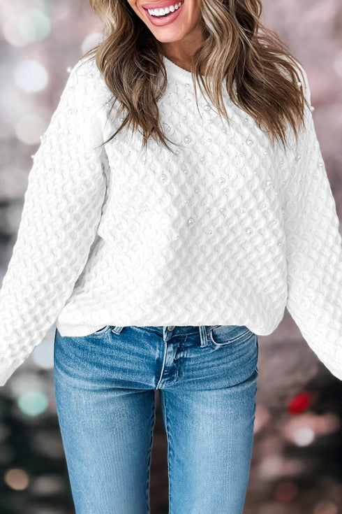 Viscose Textured Knit Pearl Embellished Pullover Sweater
