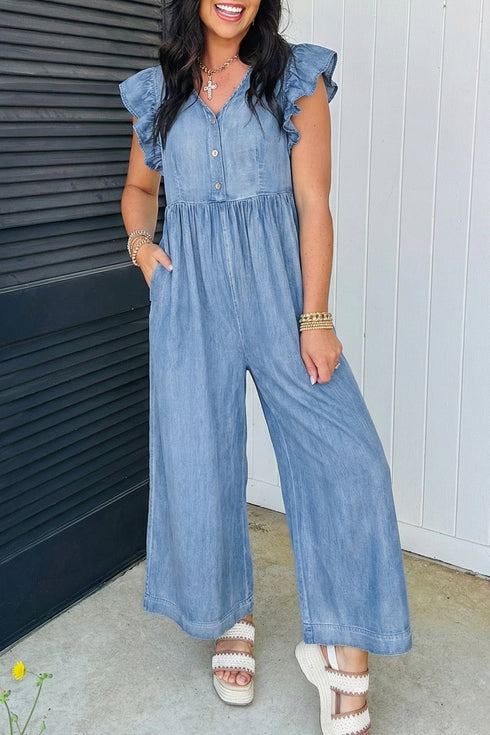 Ruffled Short Sleeve Button V Neck Wide Leg Denim Jumpsuit