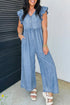 Ruffled Short Sleeve Button V Neck Wide Leg Denim Jumpsuit