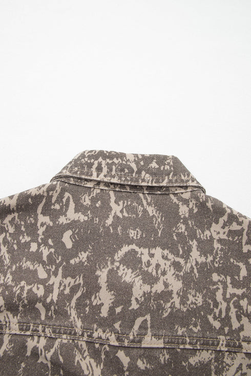 Abstract Print Long Sleeve Collar Raw Hem Denim Jacket