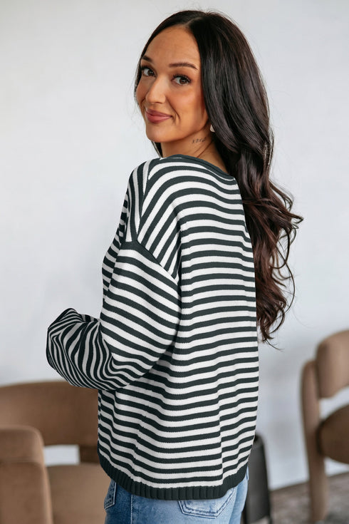 Striped Button Placket Drop Shoulder Long Sleeve Sweater