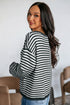 Striped Button Placket Drop Shoulder Long Sleeve Sweater