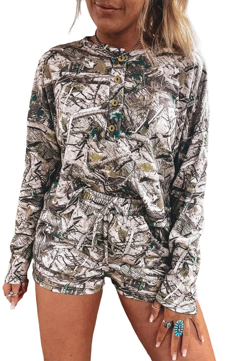 Abstract Camo Print Long Sleeve Elastic Waist Short Sets