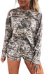Abstract Camo Print Long Sleeve Elastic Waist Short Sets