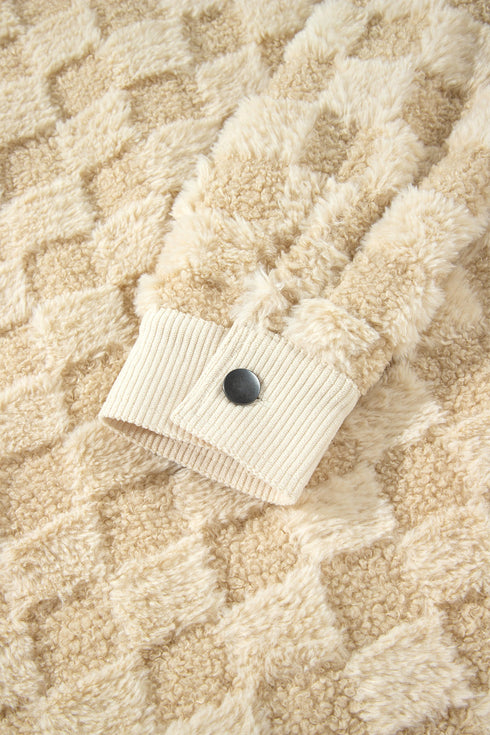 Checkered Corduroy Trim Metal Button Sherpa Jacket