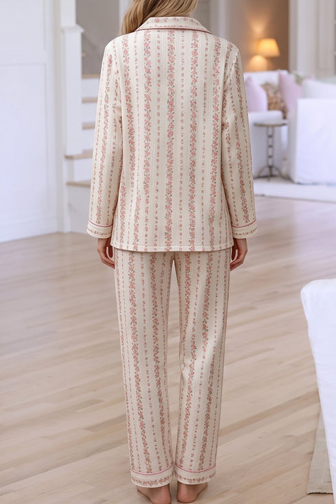 Floral Print Button Front Long Sleeve Pajama Pant Set
