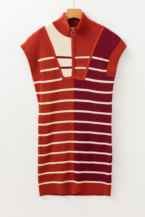 Striped Ribbed Knit Half Zip Mini Dress