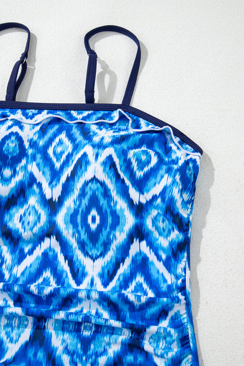 Geometric Ikat Ruffle Trim Strap Tankini Top