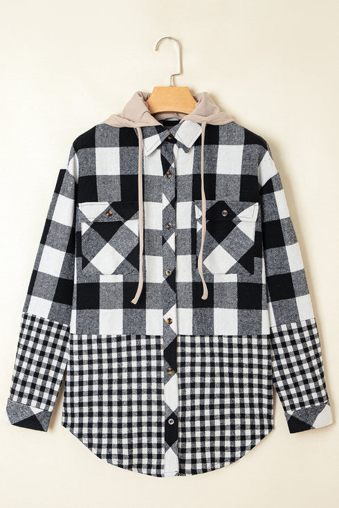Patchwork Mixed Plaid Drawstring Hooded Shacket