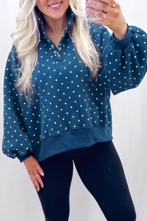 Metal Button Polka Dot Print Collar Pullover Sweatshirt