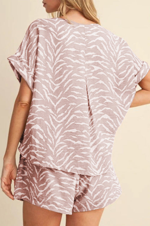 Abstract Print Cuffed Short Sleeve Loose Short Sets