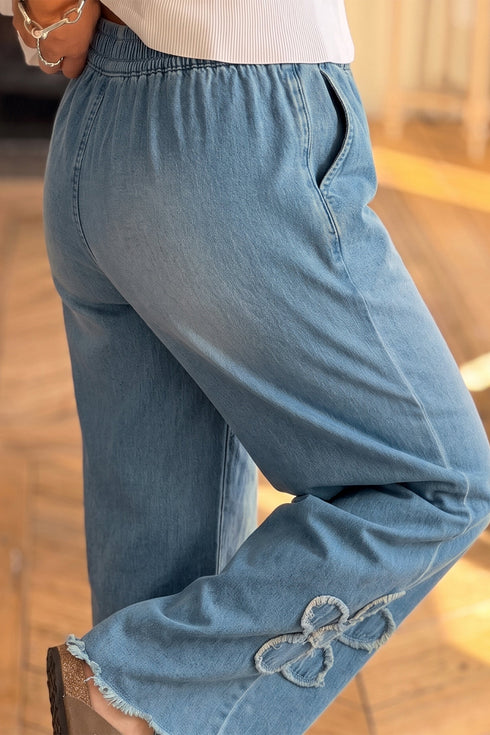 Frayed Floral Patch Wide Leg Raw Hem Jeans