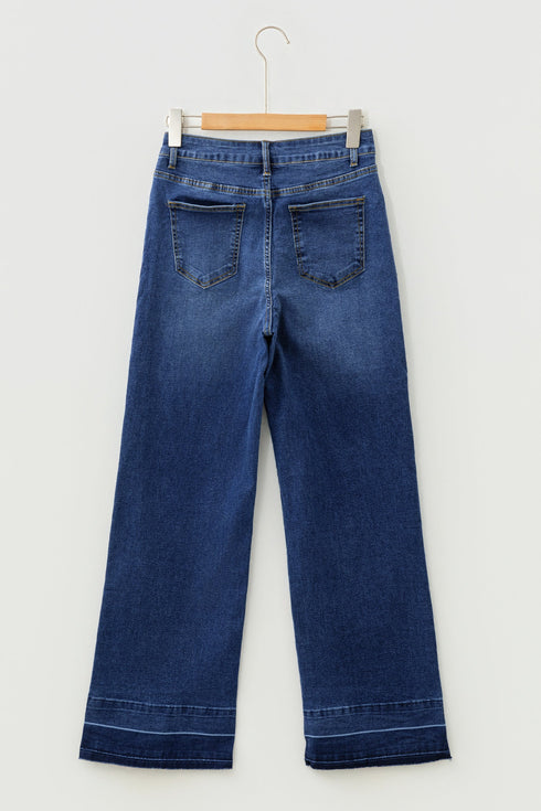 High Rise Straight Loose Raw Hem Cuffed Jeans