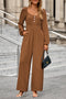 Shirred Button Detail Long Sleeve Straight Leg Jumpsuit
